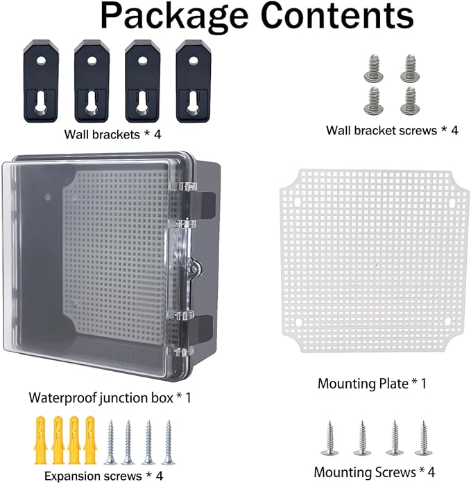Junction Box, Hinged Black Clear Cover IP67 Waterproof ABS Project Box with Mounting Plate Electrical Box Enclosure with Wall Bracket 8.3 x 8.3 x 4.3inch(210x210x110mm) - Image 6