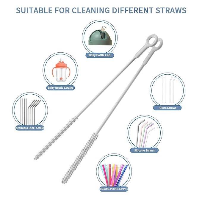 Reusable Silicone Straw Cleaner Brush Set, 2-Pack Extra Long Straw Cleaning Brush for Metal/Glass/Water Bottle/Drinking Straws, Flexible&Bendable Design, Dishwasher Safe, 6mm & 8mm Diameter - Image 7