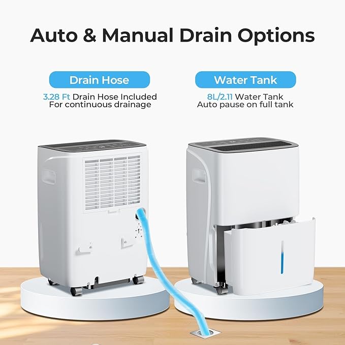 COWSAR 150 Pints Energy Saving Dehumidifier for Home & Basement with Drain Hose, Front LED Display and 8L Water Tank, Ideal for Spaces up to 7500 Sq. Ft., Featuring Auto Defrost,3 Modes, 24H Timer - Image 8