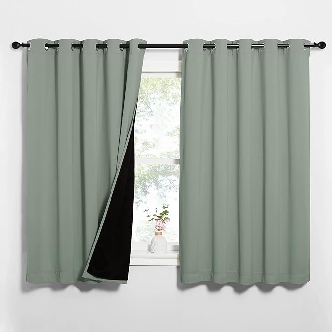 NICETOWN Greyish Green 100% Blackout Lined Curtains, 2 Thick Layers Completely Blackout Window Treatment Thermal Insulated Drapes for Kitchen/Bedroom (1 Pair, 62" Width x 63" Length Each Panel) by NICETOWN
