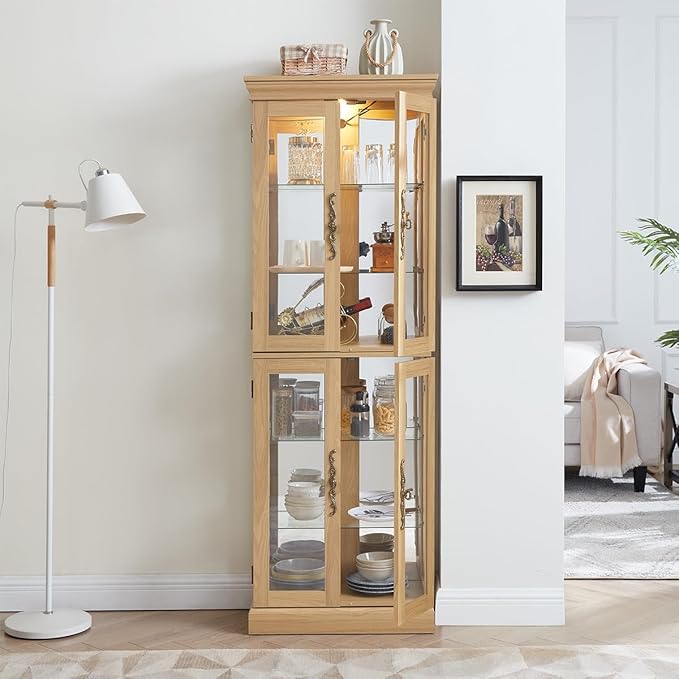 Lighted Glass Curio Cabinet with Lights & Adjustable Shelves,Corner Curio Display Cabinet with Wood Frame (Free Standing,Light Bulb Include) - Image 7