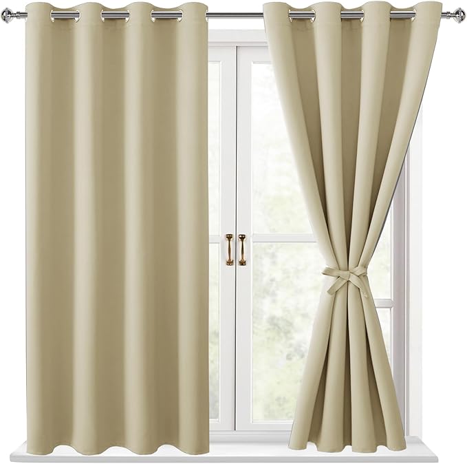 Hiasan Blackout Curtains for Bedroom, 52 x 54 Inches Long - Thermal Insulated & Light Blocking Window Curtains for Living Room, 2 Drape Panels Sewn with Tiebacks, Light Beige by Hiasan