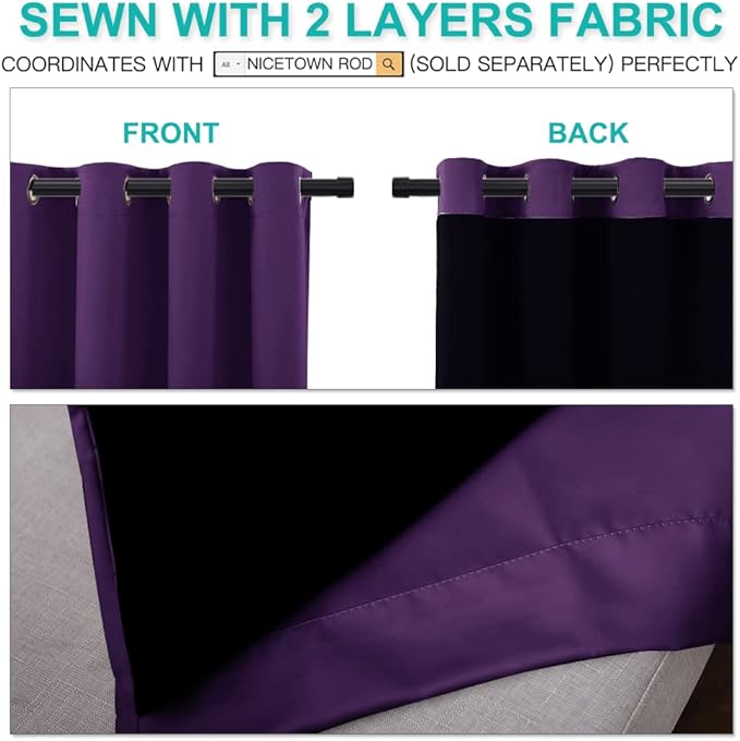 NICETOWN Living Room Completely Shaded Draperies, Privacy Protection & Noise Reducing Ring Top Drapes, Black Lined Insulated Window Treatment Curtain Panels(Royal Purple, 2 Pieces, W52 x L72) - Image 4