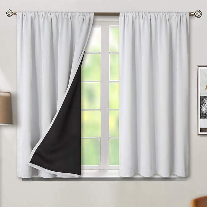 BGment Thermal Insulated 100% Blackout Curtains for Bedroom with Black Liner, Double Layer Full Room Darkening Noise Reducing Rod Pocket Curtain (52 x 54 Inch, Greyish White, 2 Panels) by BGment