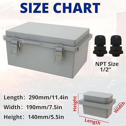 MAKERELE Gray Plastic Waterproof Electrical Box Outdoor,IP67 ABS with Hinged Cover,Weatherproof Mounting Plate,Wall Bracket,Stainless Steel Buckle and 1/2" NPT*2(11.4"×7.5"×5.5") - Image 2