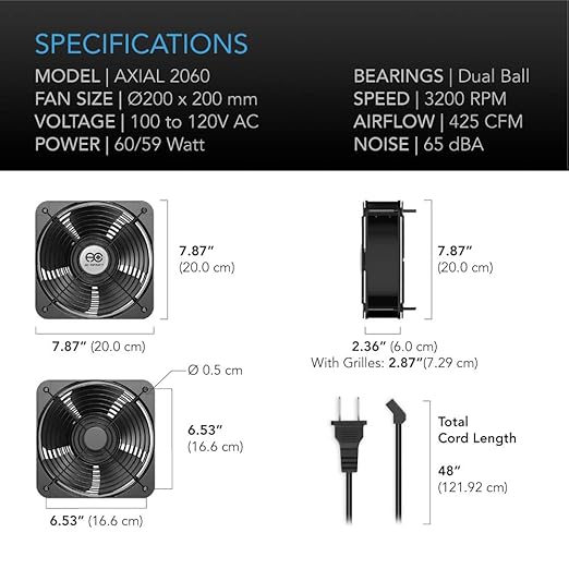 AC Infinity AXIAL 2060, Muffin Fan, 120V AC 200mm x 200mm x 60mm High Speed, for DIY Cooling Ventilation Exhaust Projects (Pack of 4) - Image 6