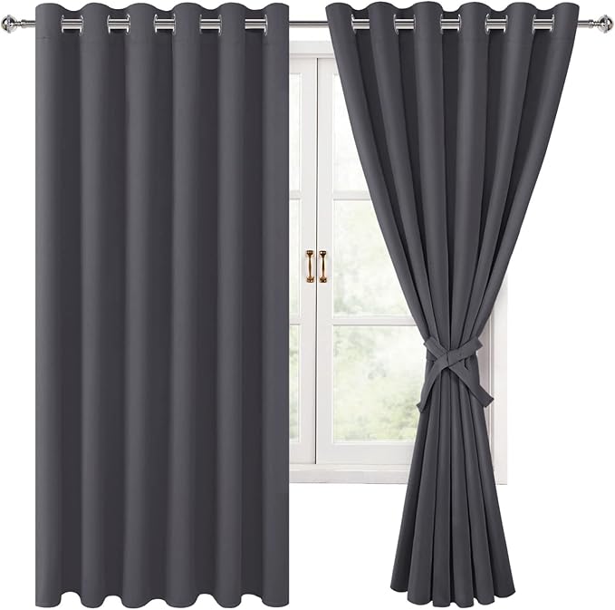 Hiasan Grommet Blackout Curtains for Bedroom, 70 x 63 Inches - Thermal Insulated & Light Blocking Window Drapes for Living Room/Dorm Room, Set of 2 Panels Sewn with Tiebacks, Dark Grey by Hiasan