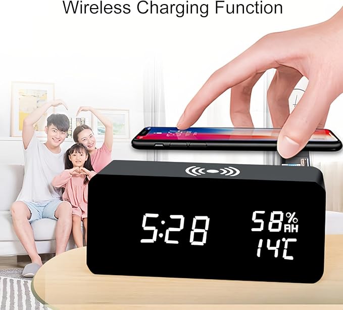 Lancoon Wooden Digital Alarm Clock with LED Wireless Charging Temperature and Humidity Display Adjustable Brightness Sound Control for Bedroom Home Office (Black) - Image 2