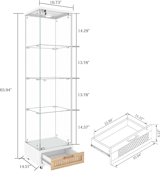 Yoluckea 4 Tiers Glass Display Cabinet with LED Lighting and Drawer, 1 Door Floor Standing Curio Cabinet with Wheel for Home, Office, Corner Display, White Glass Bookshelf for Collections and Decor - Image 2