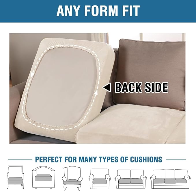H.VERSAILTEX Velvet Stretch Couch Cushion Cover Plush Cushion Slipcover for Chair Loveseat Sofa Cushion Furniture Protector Seat Cushion Sofa Cover (2 Piece Medium Sofa Cushion Covers, Cream) - Image 5