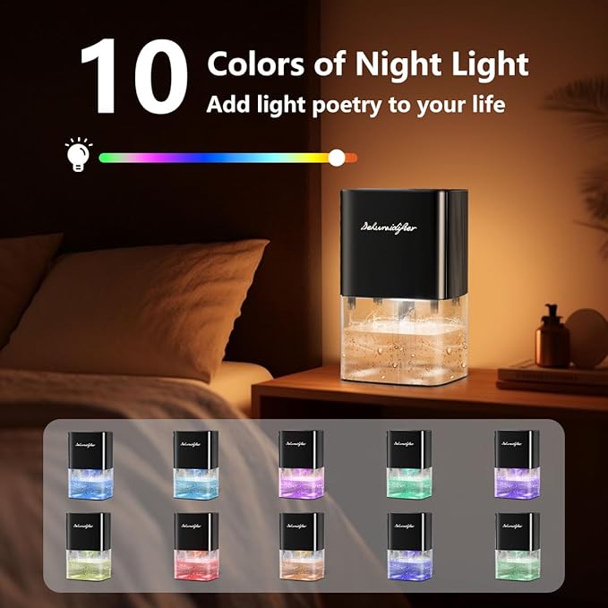 Dehumidifier 63OZ 1800ML Small Dehumidifier for Home Safety Dehumidification 5 Timers 3 Setting Modes Auto Shut Off Protection Adjustable 10 Color Lights Low Noise For Bedroom Bathroom 230 Ft² - Image 5