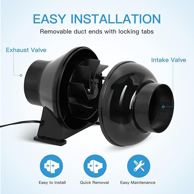 iPower 4 Inch 195 CFM Inline Fan, Air Carbon Filter and 8 Feet Ducting, Circulation Vent Blower Kits for Grow Tent Ventilation, Low Noise - Image 4