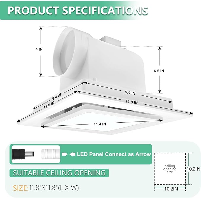 Bathroom Exhaust Fan with Light,11.8 in Panel,12W Square LED,141 CFM,0.7 Sones,110V 45W Quiet Bathroom Ventilation Exhaust Fan for Shower/Restroom/Office/Home (3-Colour LED) - Image 2