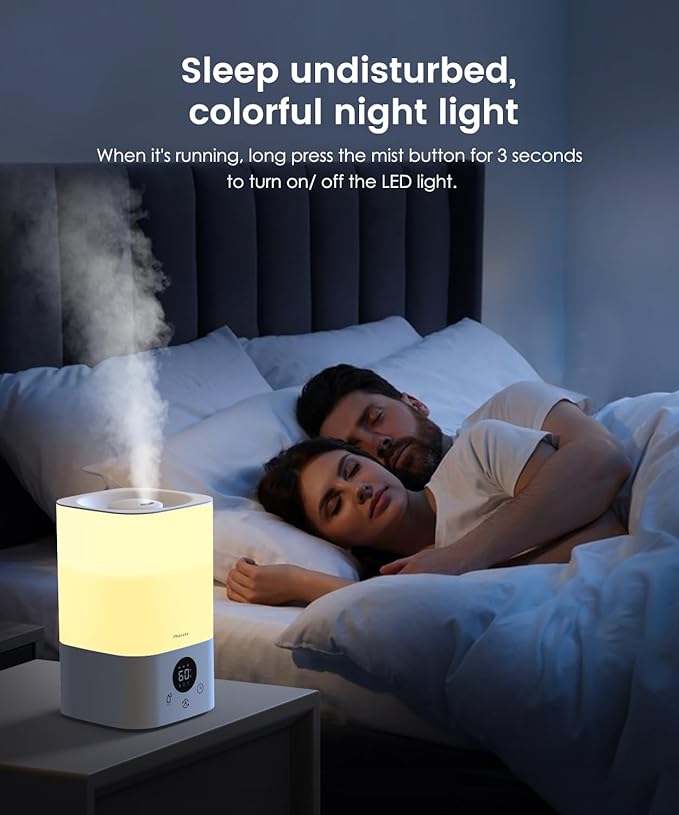 Smart Humidifiers for Bedroom Large Room, 3.5L Top Fill Cool Mist Air Humidifiers for Home Baby Plants Nursery, Humidity Control & Night Light, White - Image 6