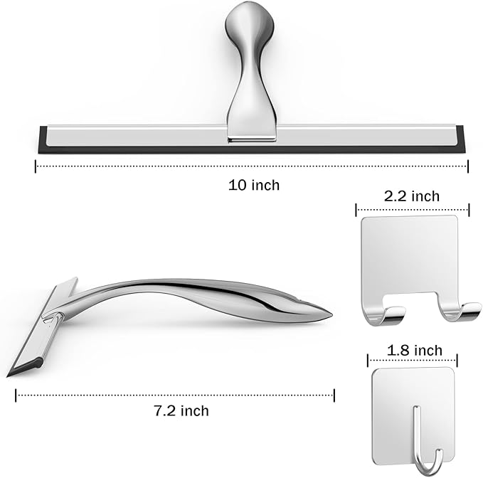 All-Purpose Stainless Steel Shower Squeegee for Shower Glass Door with 2 Adhesive Hooks, Bathroom Cleaner Tool Household Window Mirror Squeegee , Cleaning Tile Wall, Car, 10 Inch Silver - Image 2