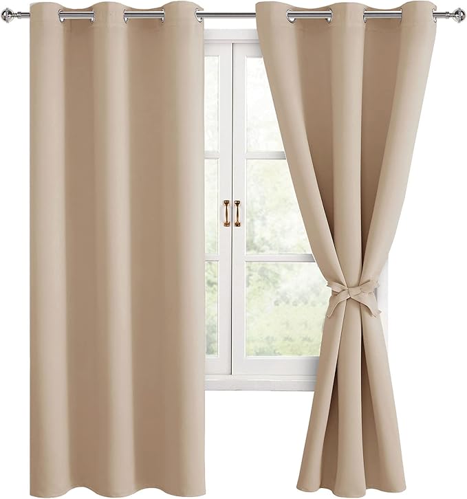 Hiasan Blackout Window Curtain Panels, Thermal Insulated, Light Blocking, Noise Reducing Room Darkening Curtains, Sewn with Tiebacks, Set of 2, Grommet Top (Beige, Width 42 Inch x Length 72 Inch) by Hiasan