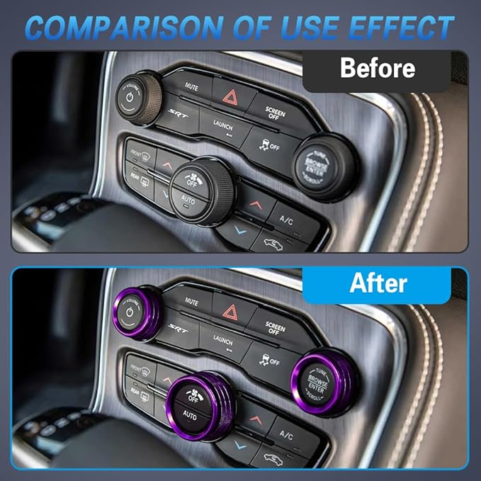 3PCS Air Conditioner Switch Button Knob Cover, Auto Accessories Climate Control Knob Covers, Aluminum Alloy Knob Ring Trim Cover Compatible with Dodge Challenger Durango 2015-2022 (Purple) - Image 4