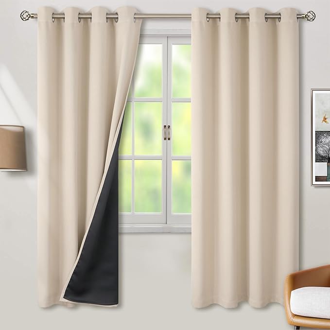 BGment Thermal Insulated 100% Blackout Curtains 69 Inch Length 2 Panels, Total Light Blocking Curtains for Bedroom, Grommet Window Drapes with Thick Black Liner, 55 Inch Wide Each Panel, Champagne by BGment