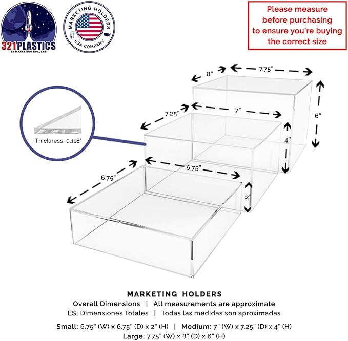 Marketing Holders 3 Piece Acrylic Display Riser Boxes Clear Retail Product Riser No Lid with Hollow Bottom 2", 4", 6" High Nesting Bins One Open Side Merchandise Storage Box - Image 6