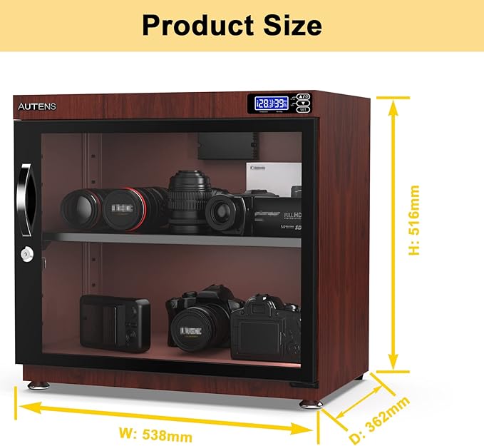 AUTENS 80L Dehumidifying Dry Cabinet Box, Wood grain Design Digital Control Noiseless and Energy Saving, for Camera Lens and Electronic Equipment Storage,Temperature Humidity LED Dual Screen - Image 2