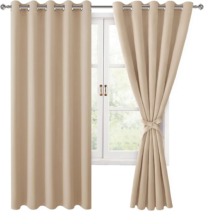Hiasan Grommet Blackout Curtains for Bedroom, 60 x 72 Inches - Thermal Insulated & Light Blocking Window Drapes for Living Room/Dorm Room, Set of 2 Panels Sewn with Tiebacks, Beige by Hiasan