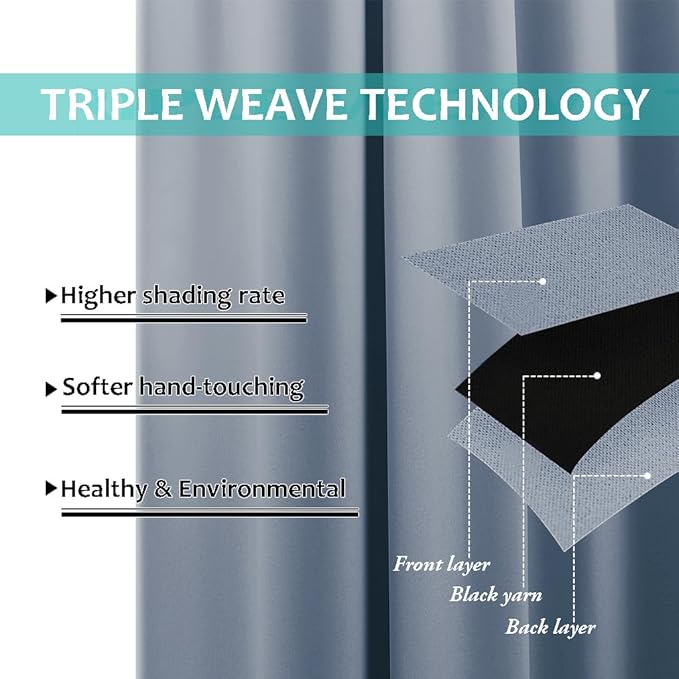 NICETOWN 100% Blackout Curtains for Windows, Pack of 2, Vintage Blue, 52" W x 102" L, Super Heavy-Duty Black Lined Total Darkness Drapes for Bedroom, Privacy Assured Window Treatment for Patio - Image 6