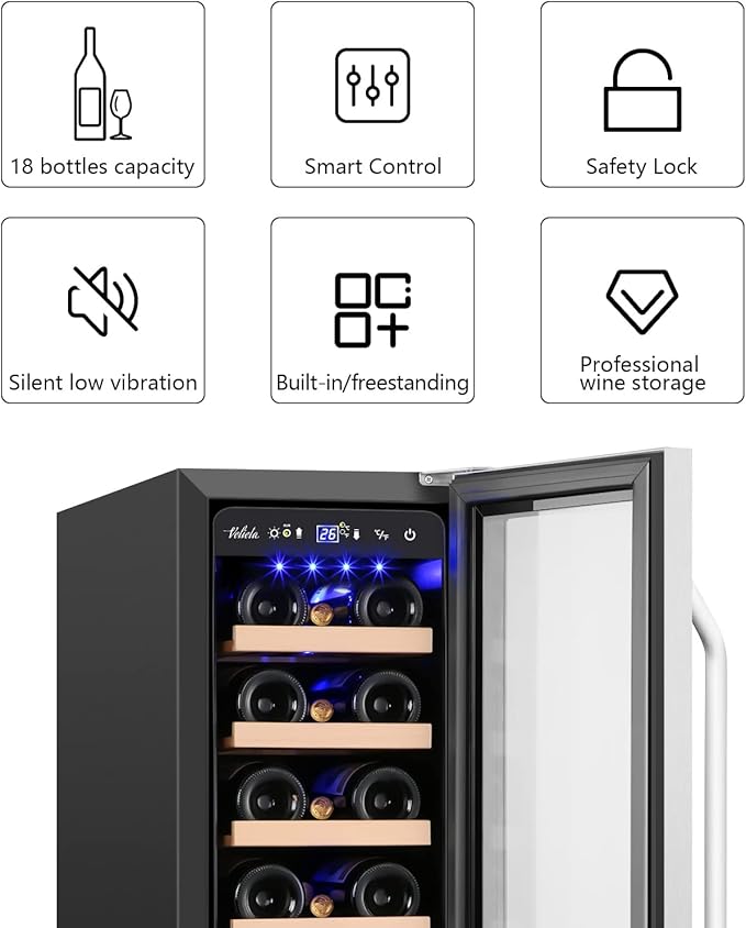 12 Inch Wine Cooler Refrigerator,Mini Wine Fridge 18 Bottle Capacity,Built-in or Freestanding Professional Wine Chiller with Quiet and Stable Temperature Control Systems. - Image 3