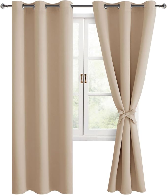 Hiasan Blackout Curtains for Bedroom, 38 x 84 Inches Long - Thermal Insulated & Energy Saving Window Curtains for Living Room, 2 Drape Panels Sewn with Tiebacks, Beige by Hiasan