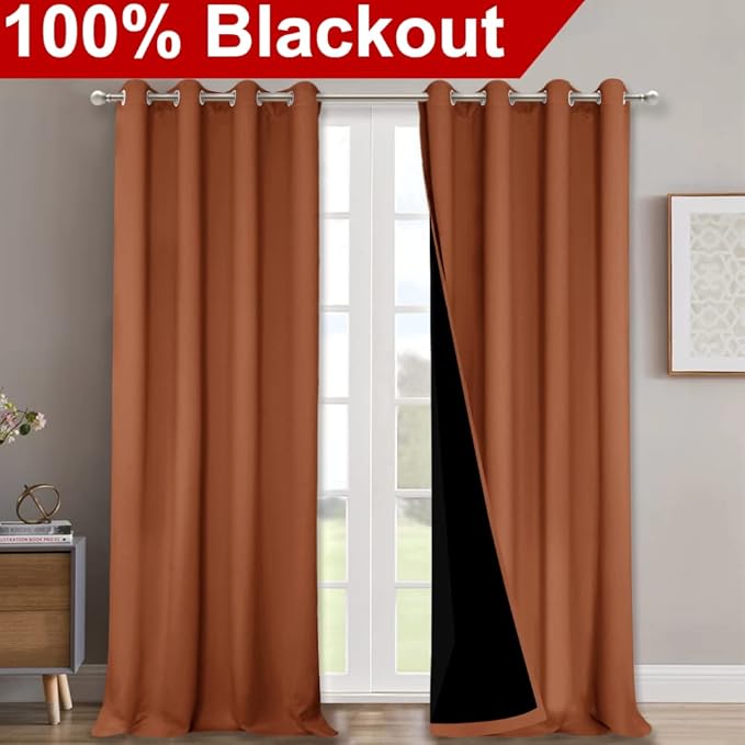 NICETOWN 100% Blackout Curtains for Windows, Pack of 2, Burnt Orange, 52" W x 102" L, Super Heavy-Duty Black Lined Total Darkness Drapes for Bedroom, Privacy Assured Window Treatment for Patio - Image 2