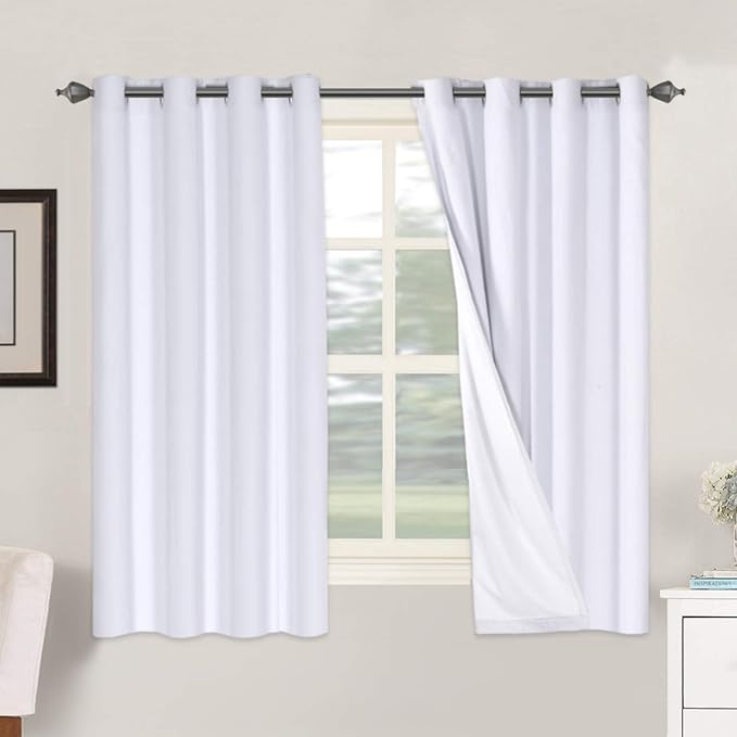 H.VERSAILTEX Linen Blackout Curtains 63 Inches Long 100% Blackout Thermal Insulated Textured Linen Look Curtain Draperies Anti-Rust Grommet, Energy Saving with White Liner, 2 Panels, Bright White by HVERSAILTEX