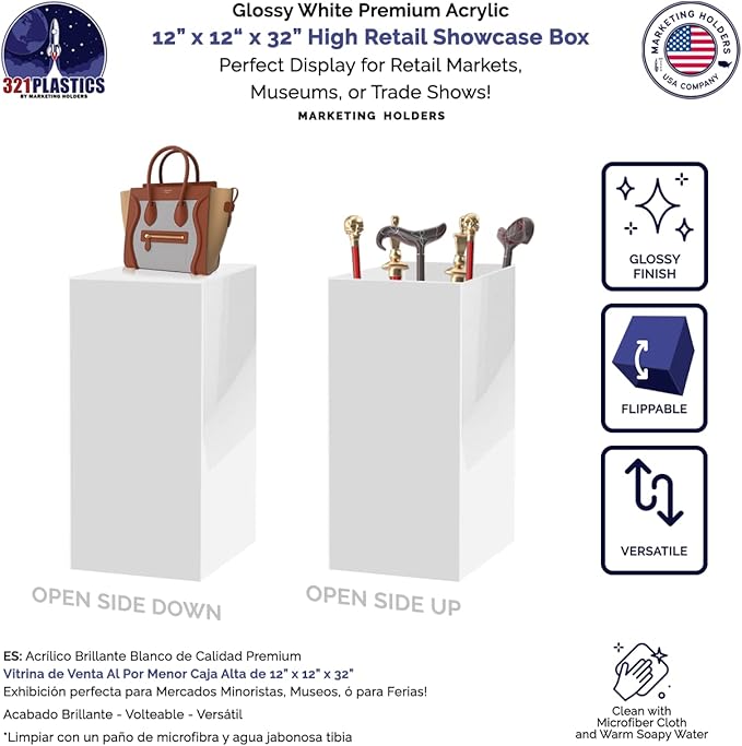 Acrylic Display Riser Box Tall Pedestal Art One Piece No Lid Glossy White 12" x 12" x 32" Event Flower Arrangement Plant Stand Retail Product Riser by Marketing Holders - Image 2