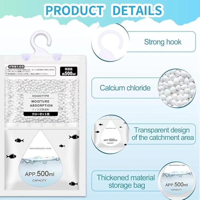 Moisture Absorbers Packets, Dehumidifier Bags, Hanging Moisture Absorber Bag, Humidity Packs,Closet Dehumidifier,Unscented Desiccant in Wardrobes, Bedrooms, Bathrooms,Kitchen(10 pack) - Image 2