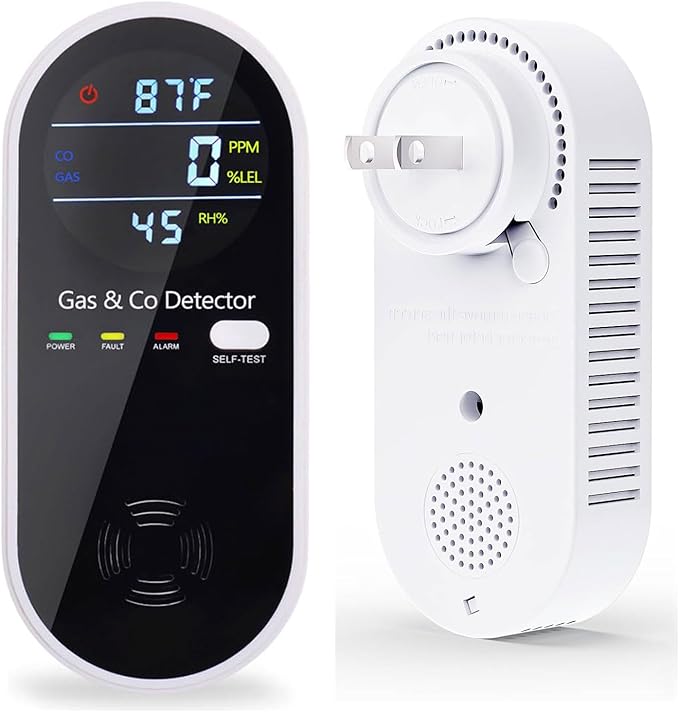 Plug in Carbon Monoxide and Natural Gas Detector, Combination Gas & Carbon Monoxide Detectors for Travel with Temperature Humidity Display, 4 in 1 CO and Gas Detector for Home/Travel(1 Pack) by KH+Alert