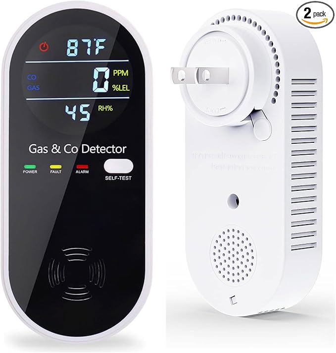 Plug in Combination Gas & Carbon Monoxide Detectors with Temperature and Humidity Display- Natural Gas Detectors & Carbon Monoxide Alarm for Home, Kitchen (2 Packs) by KH+Alert