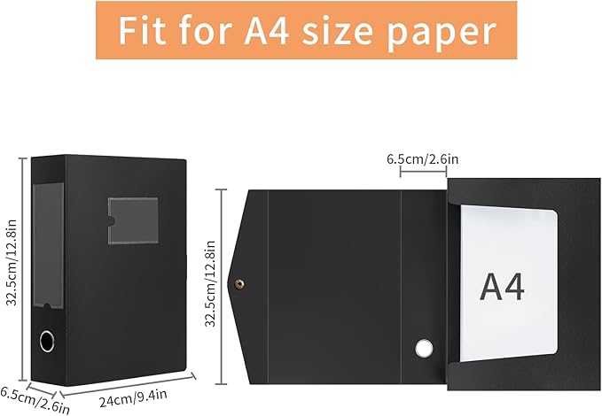 HUA JIE 2 Pack A4 Storage File Boxes Archives Case,65mm Spine,Box File Document Storage Box for Office School -Black - Image 3