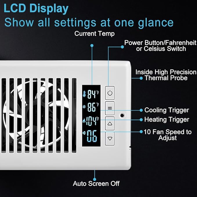 Smart Register Booster Fan 4” x 10” with Thermostat Control Intelligent Heating Cooling Trigger, 10 Fan Speed Adjustable AC Air Vent Fan Booster for Room Wall Floor White - Image 3