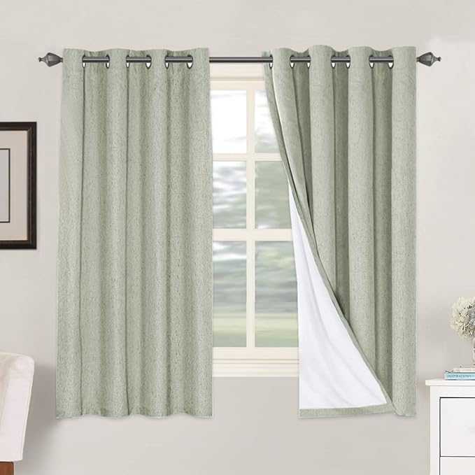 H.VERSAILTEX Linen Blackout Curtains 63 Inches Long 100% Absolutely Blackout Thermal Insulated Textured Linen Look Curtain Draperies Anti-Rust Grommet, Energy Saving with White Liner, 2 Panels, Sage by HVERSAILTEX