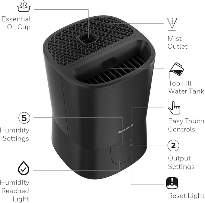Honeywell Easy-to-Care Filter Free Warm Mist Humidifier, Medium Rooms, 1.5 Gallon Tank – Humidistat for Bedroom, Home or Office Black - Image 7