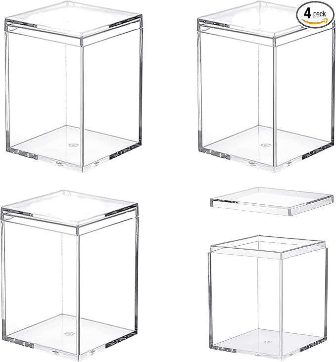 Acrylic Box Clear Display Box with Lid 4 Pieces Small Storage Square Cube Plastic Containers Jewelry Storage Candy Box Wedding Valentine's Day Party Favor Boxes 3.74x2.55x2.16Inch by LOVPLAY