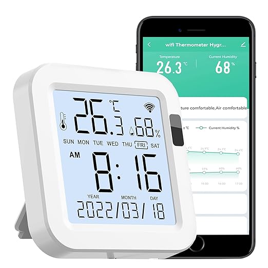 WiFi Temperature Humidity Monitor: Upgraded Smart Temperature and Humidity Sensor with Large Backlit LCD Screen & App Alerts, Indoor Thermometer Hygrometer Compatible with Alexa Google Assistant by GaoducashforSmartLife