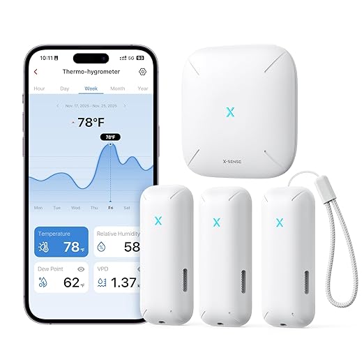 X-Sense 2.0 Indoor WiFi Hygrometer Thermometer, Hygrometer Indoor Humidity with App Control, Temperature Sensor for House, Gardening, Data Storage Export at No Charge, 3 Sensors & 1 Base Station by X-Sense