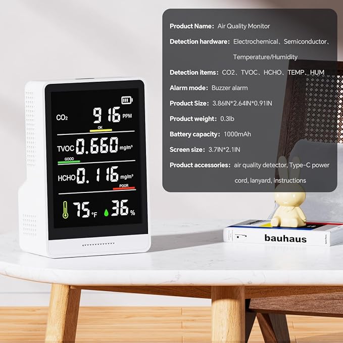 5-in-1 Professional Indoor Air Quality Monitor Indoor Portable CO2 Monitor | Temperature | Formaldehyde Detector | Humidity TVOC | Air Quality Tester - Confined Space Clean Air Monitor (White) - Image 6