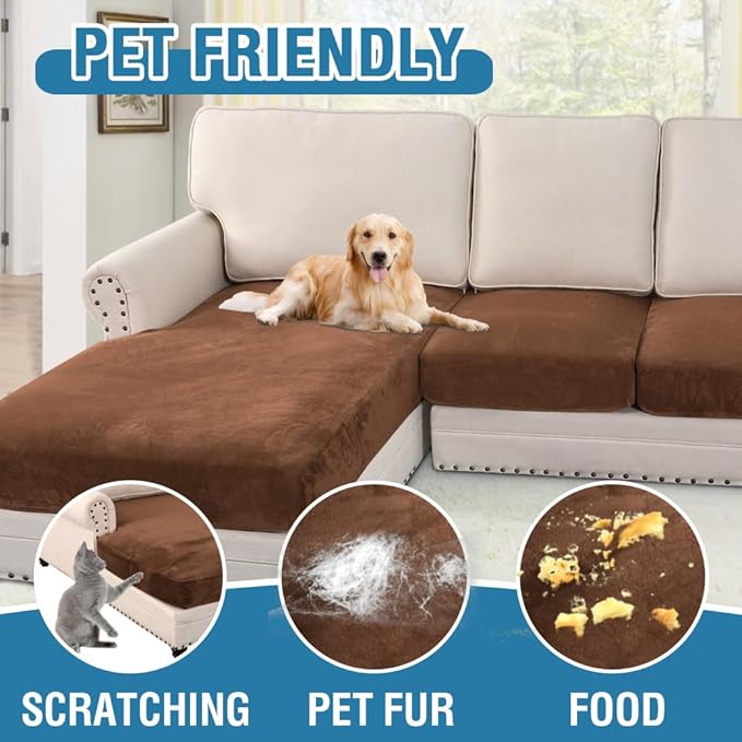 H.VERSAILTEX Velvet Stretch Sectional Couch Covers 3 Pieces Sofa Seat Cushion Covers L Shape Separate Cushion Couch Chaise Cover for Both Left/Right Couch (Large Sofa 2 Seater + 1 Chaise, Caramel) - Image 3