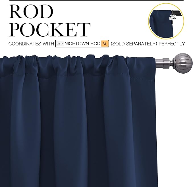NICETOWN Bedroom Curtains Blackout Draperies, Home Decorations Thermal Insulated Solid Pole Top Blackout Drapes for Living Room (Navy, 1 Pair, 34-inch W x 63-inch L) - Image 3