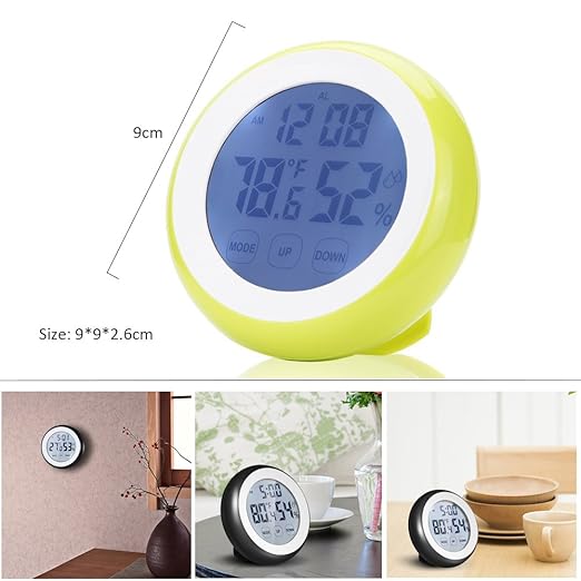 Digital Thermometer Hygrometer Clock, Temperature Humidity Monitor Alarm Clock Touch Screen with Backlight Magnetic Back for Home Office Baby Room (Yellow) - Image 2