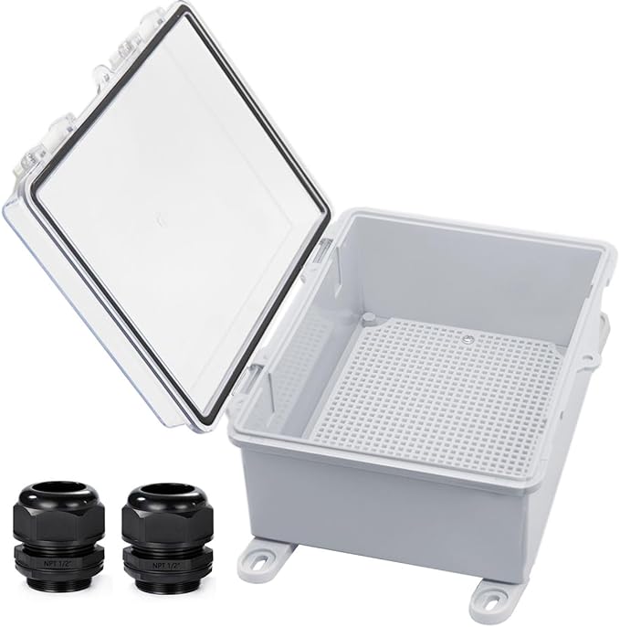 Waterproof Outdoor Electrical Box Junction Box Weatherproof IP67 ABS Plastic Enclosure Switch Router Project Box with Mounting Plate with Wall Bracket 2 Cable Glands Clear 8.7"x6.7"x4.3" by YETLEBOX