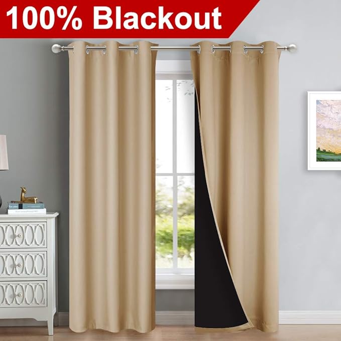 NICETOWN Blackout Curtains 80 inches Long, Full Light Blocking Drapes with Black Liner for Nursery, Thermal Insulated Draperies for Hall, Villa (Biscotti Beige 2 Pieces, 42" Wide Each Panel) - Image 2