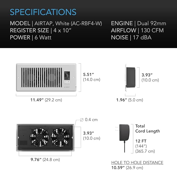 AC Infinity AIRTAP T4 White, Register Booster Fan for 4” x 10” Register Holes, Improves Heating & Cooling Vents, Quiet 10-Speeds, Bluetooth App Control Data Alerts. ONLY FITS 4” x 10” Duct Openings - Image 6