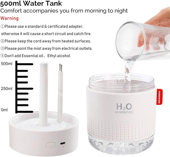 Portable Mini Humidifier, 500ml Small Cool Mist Humidifier, USB Personal Desktop Humidifiers for Baby Bedroom Travel Office Home, Auto Shut-Off, 2 Mist Modes, Super Quiet, White - Image 5