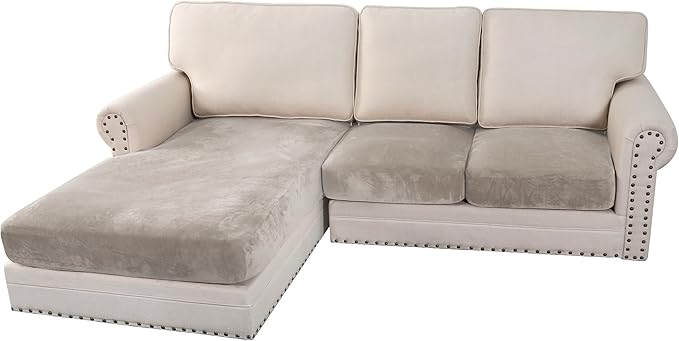 H.VERSAILTEX Velvet Stretch 3-Piece L Shape Sectional Couch Covers (Large 2 Seater + 1 Chaise, Oatmeal) by HVERSAILTEX